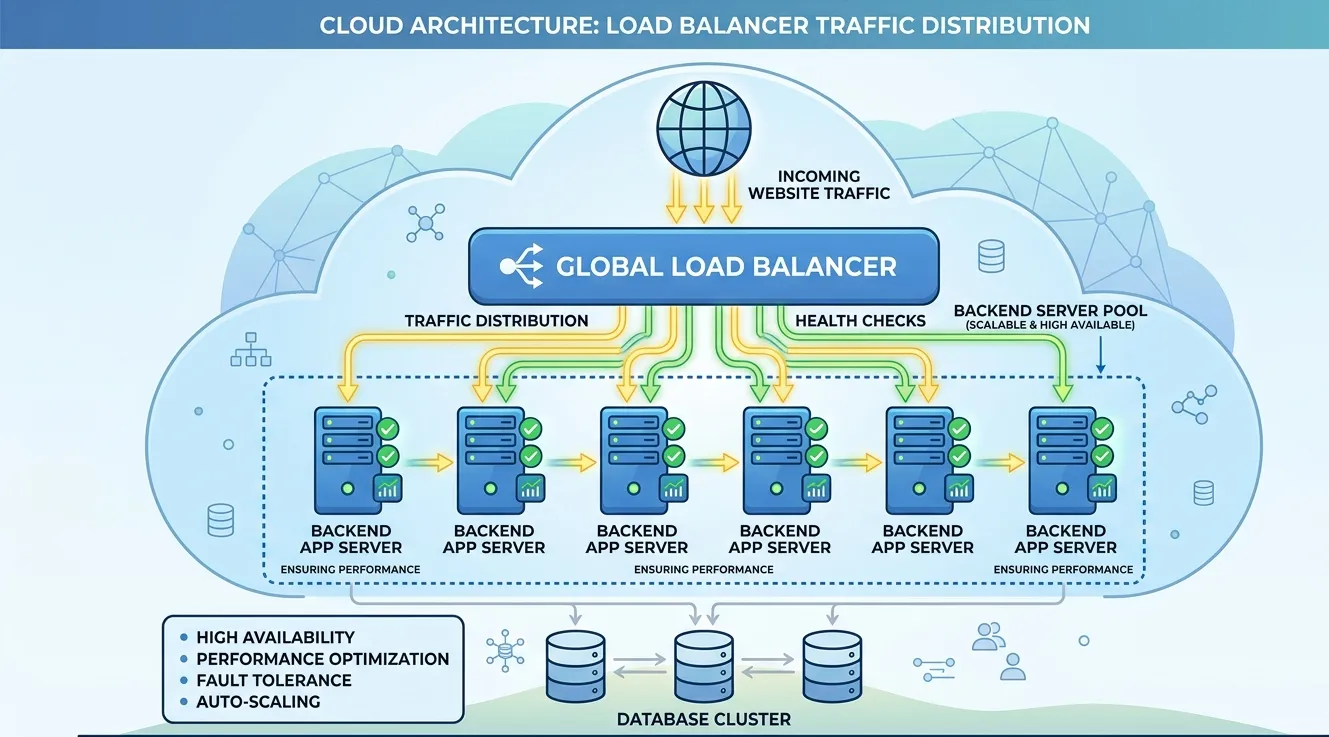 Cloud load balancer distributing traffic across multiple servers for better uptime